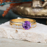 Round Cut Amethyst Solitaire Ring with Wedding Band Bridal Set